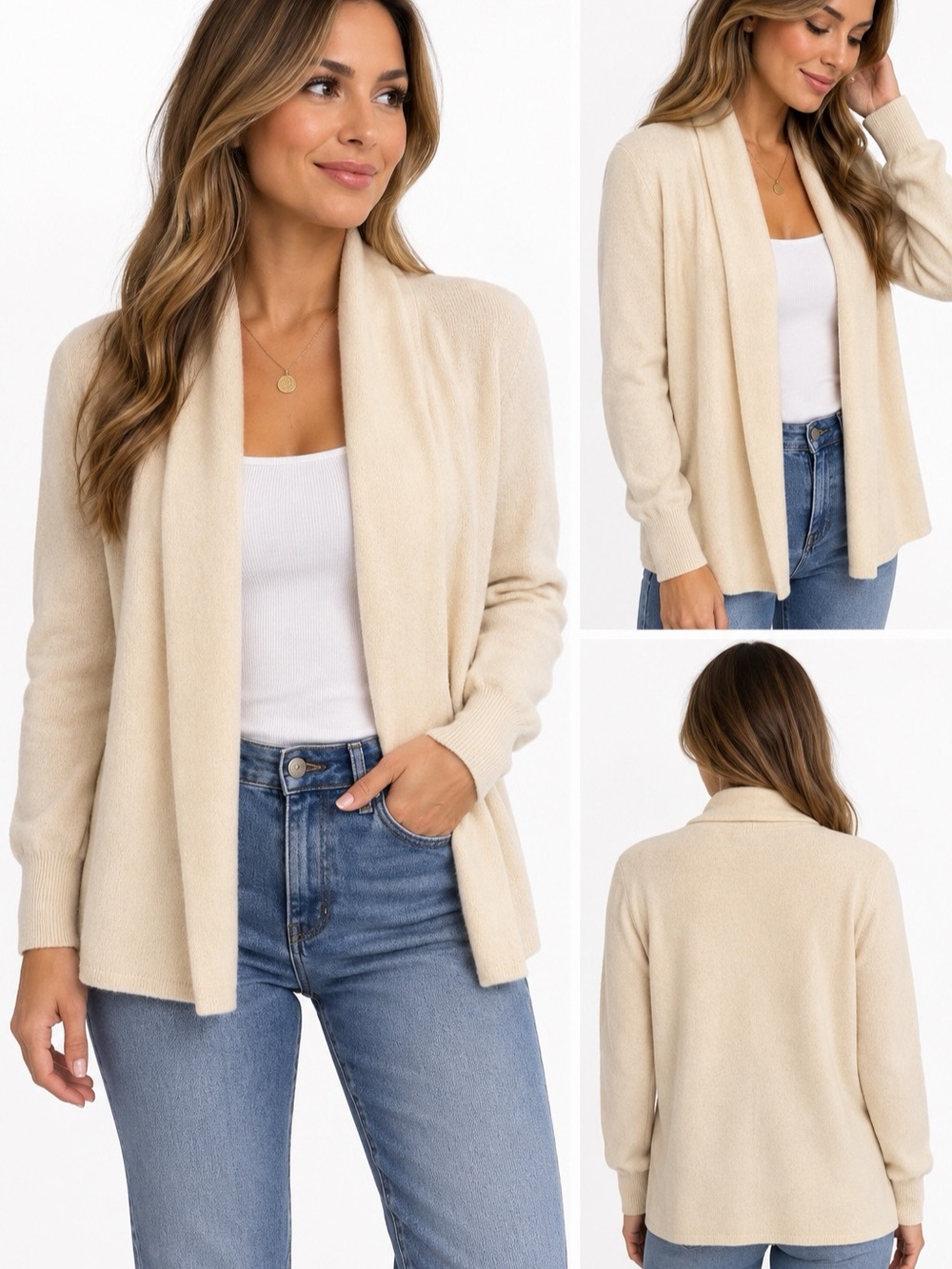 Rugby Ralph Lauren 100% Cashmere Open Front Cardigan Sweater Cream Size S